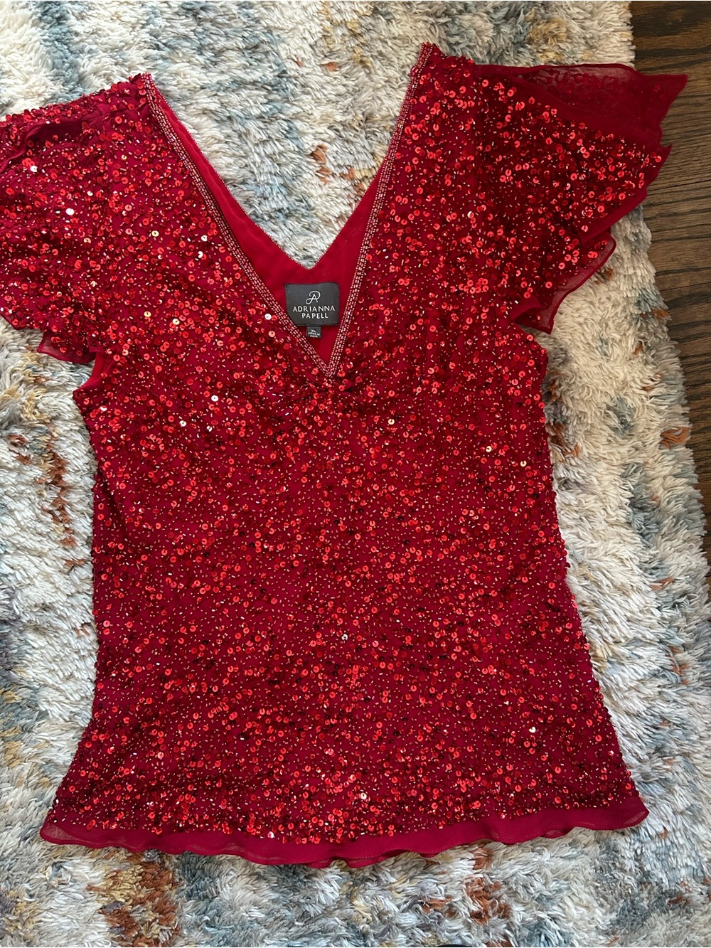 Adrianna Papell Silk Red Sequin V-Neck Women's Top